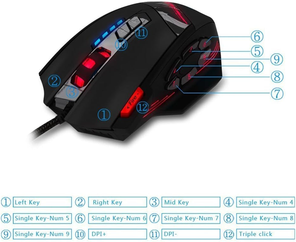 Zelotes Gaming Maus,4000Dpi,12 Programmierbare Tasten,8 Gewichtsblöcke,Ergonomische Design,Rgb Gamer Maus Mit Kabel,Für Pc,Mac,Computer,Laptop,Schwarz