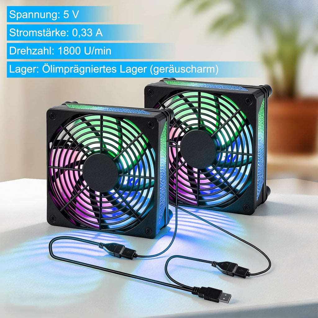 Joycabin 2 Stück USB Lüfter 120Mm PC Lüfter Mit Bunte RGB LED, 5V Gehäuselüfter USB Kühlventilator, 120X120 PC Leisen Ventilator Für Computer/Ps4 /TV Box/Receiver/Av Schrank/Router/Serverschrank