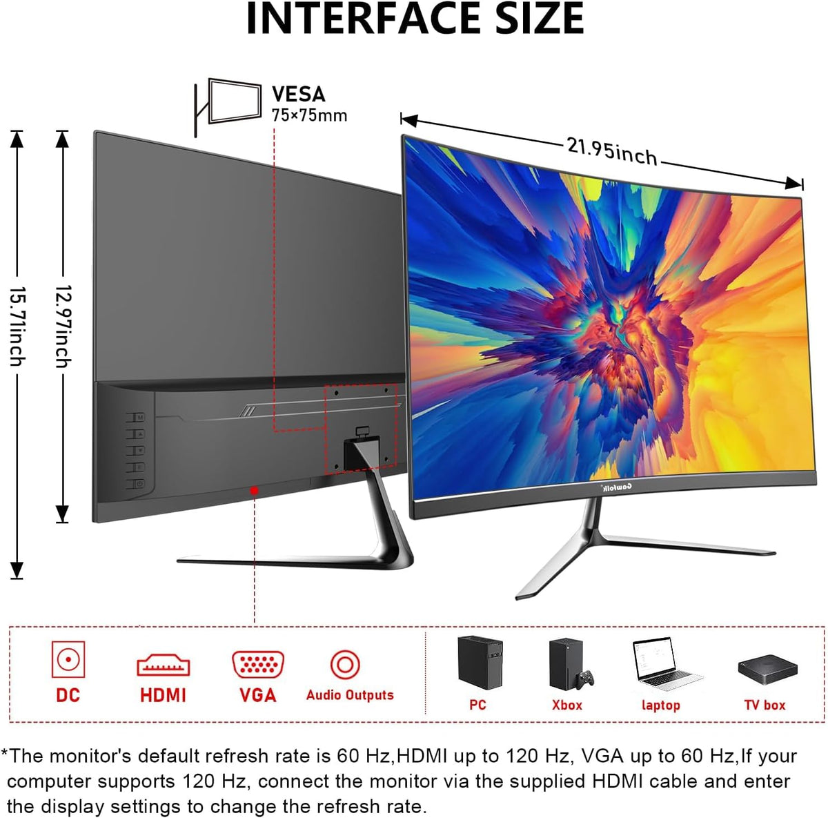 Gawfolk 24,5 Zoll Curved Monitor Mit Eingebauten Lautsprechern, 3000R 120Hz PC Gaming Bildschirm Full HD 1920X1080P, HDMI 2.0, VGA, VESA 75 * 75Mm