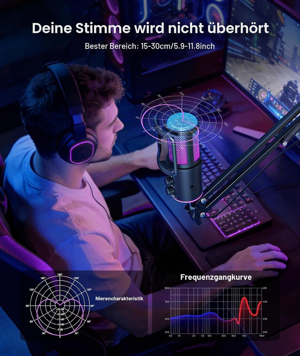 Gaming USB Mikrofon, Kondensatormikrofon Mit Geräuschunterdrückung, Nachhallregelung, Überwachung Für Streaming, Podcasting, Discord, Youtube, PC, Computer, PS4, PS5, Mac