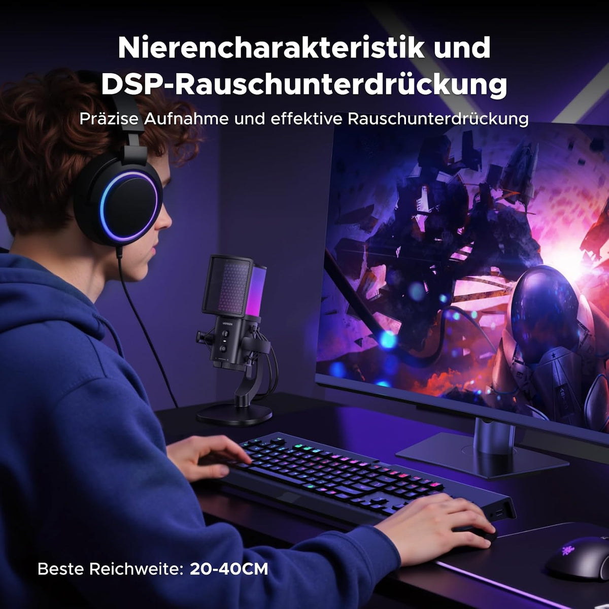 UGREEN Gaming Mikrofon Mit RGB, Dsp-Rauschunterdrückung, 96Khz/24Bit