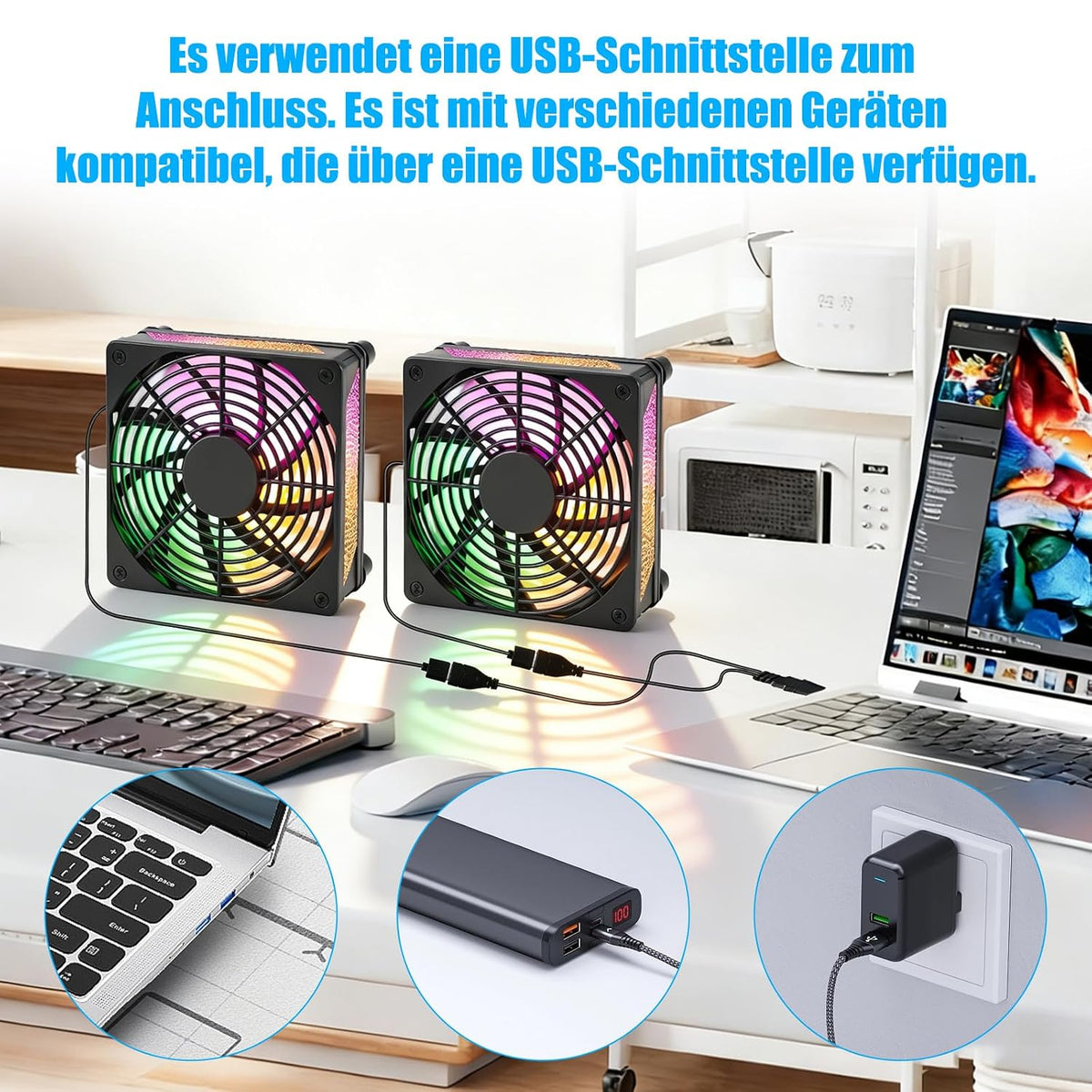 Joycabin 2 Stück USB Lüfter 120Mm PC Lüfter Mit Bunte RGB LED, 5V Gehäuselüfter USB Kühlventilator, 120X120 PC Leisen Ventilator Für Computer/Ps4 /TV Box/Receiver/Av Schrank/Router/Serverschrank