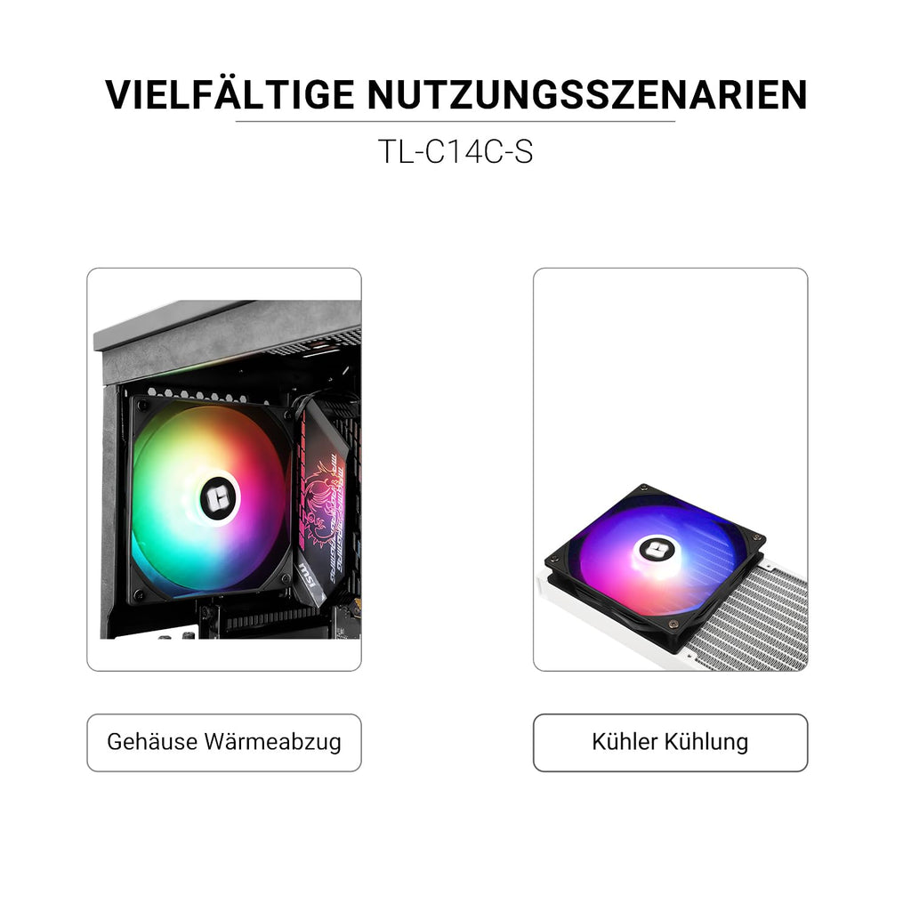 Thermalright TL-C14C-S Cpu-Lüfter 140Mm Argb-Gehäusekühlerlüfter, 4Pin PWM Silent Computerlüfter Mit S-Fdb-Lager Im Lieferumfang Enthalten, Bis Zu 1500 U/Min Lüfter