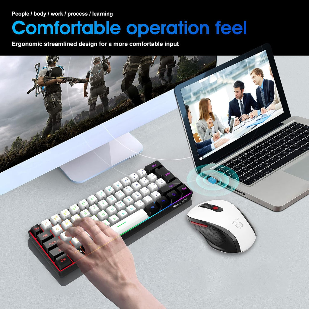 Snpurdiri 60% Prozent Tastatur Maus Set Kabellos, Wireless Gaming Combo, Enthalten 2.4G Small Mini 60% Merchanical Feel Tastatur, Ergonomisches Design Vertical Feel Maus (Blackwhite)
