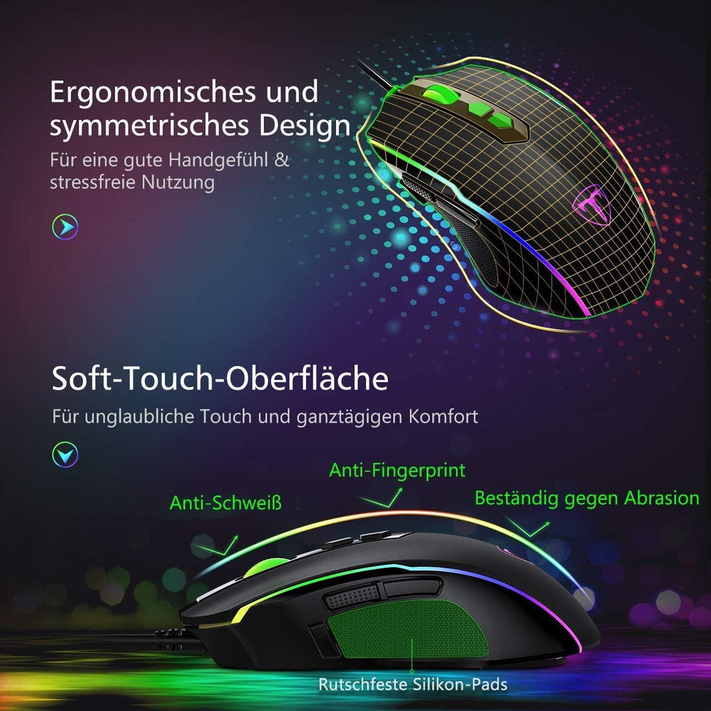 RGB Gaming Maus,Gamer Maus Mit 8 Programmierbare Tasten 7200Dpi/Rgb-Beleuchtung/Anpassbare Spielprofile,Usb-Wired Mit Ergonomisches Design Für MMO, MOBA Oder FPS Games Für Pc/Mac
