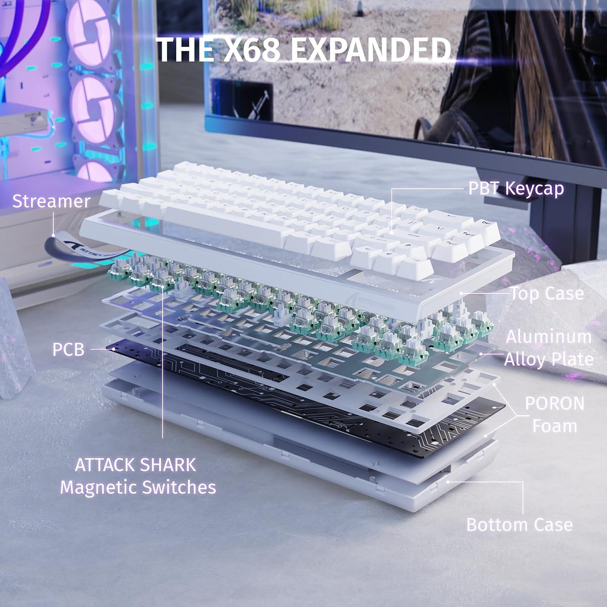 ATTACK SHARK X68 HE 8000Hz Rapid Trigger-Tastatur, 0,01Mm Rt-Genauigkeit, Kabelgebundene RGB 60% Gaming-Tastatur Mit Magnetic Switches, Einstellbare Betätigung, Snap Tap, Für Pc/Mac, Weiß