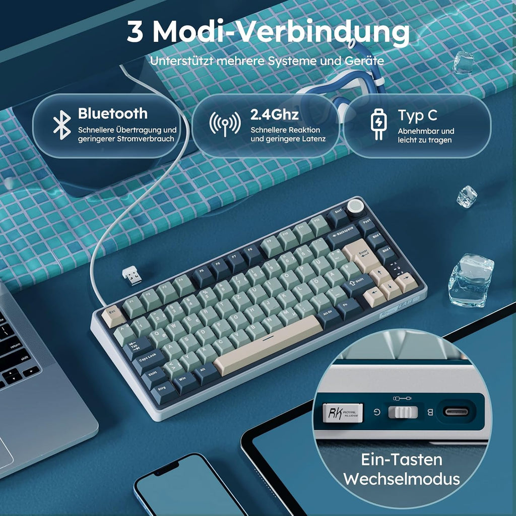 RK ROYAL KLUDGE R75 Mechanische Tastatur Kabellos 75% Blau Creamy Switches