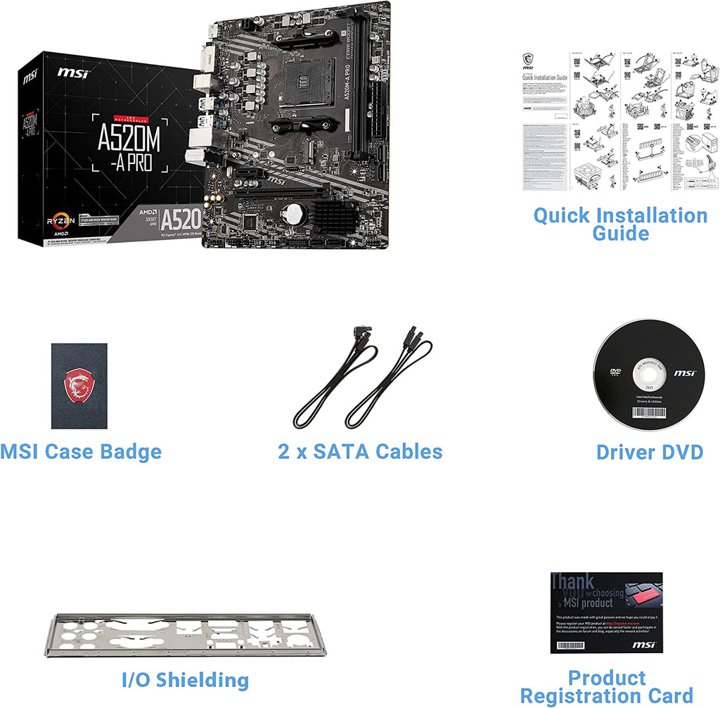MSI A520M-A PRO Gaming Motherboard (AMD AM4, DDR4, Pcie 3.0, SATA 6Gb/S, M.2, USB 3.2 Gen 1, DVI/HDMI, Micro-Atx)