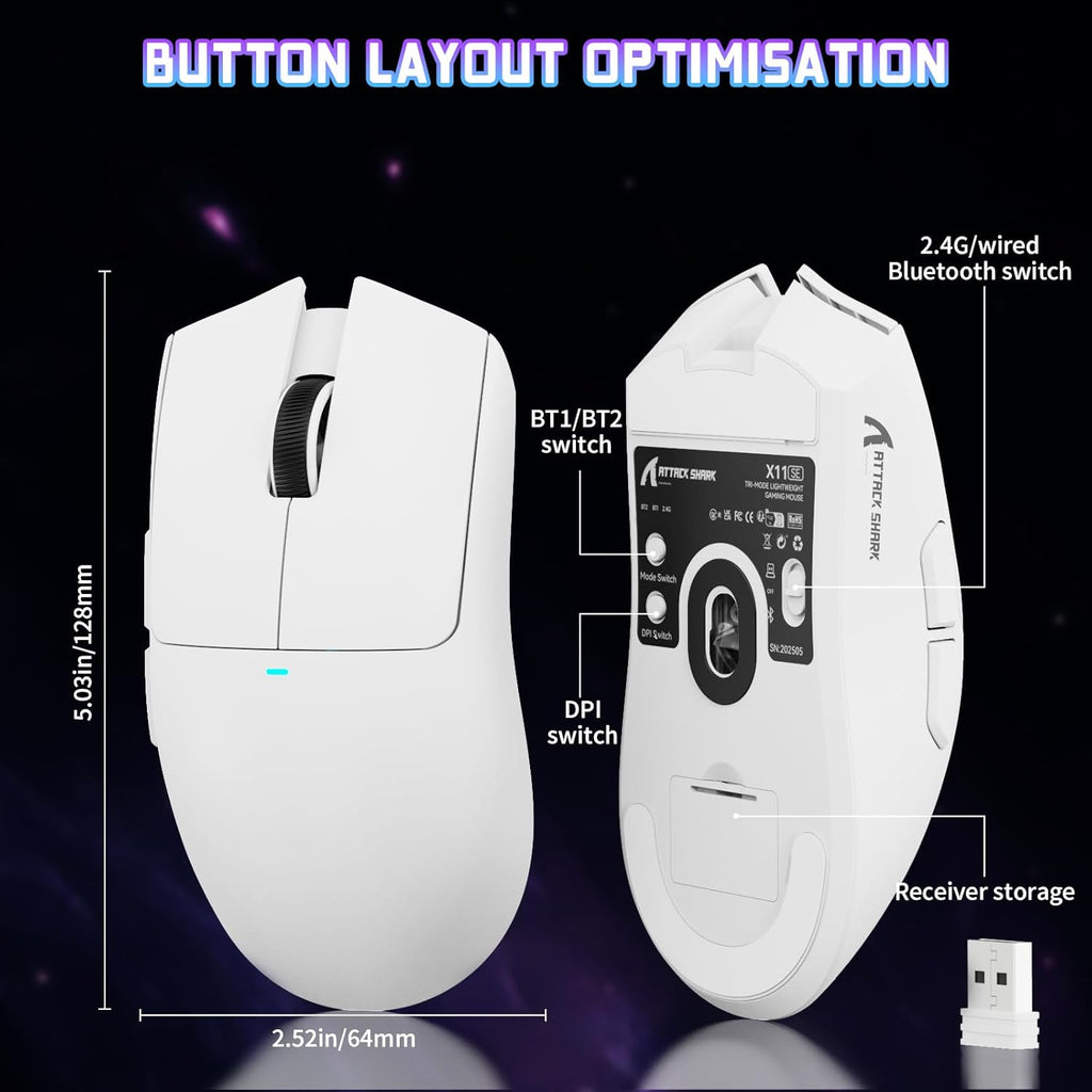 ATTACK SHARK X11SE Kabellose Gaming-Maus, 63G Superleicht, Mit Pixart Paw3311-Sensor, 22000 DPI, Tri-Mode BT/2,4 Ghz/Kabelgebunden, 1000Hz, 300Mah Battery, Dual-Treiber, Für Pc/Xbox/Ps/Mac, Weiß