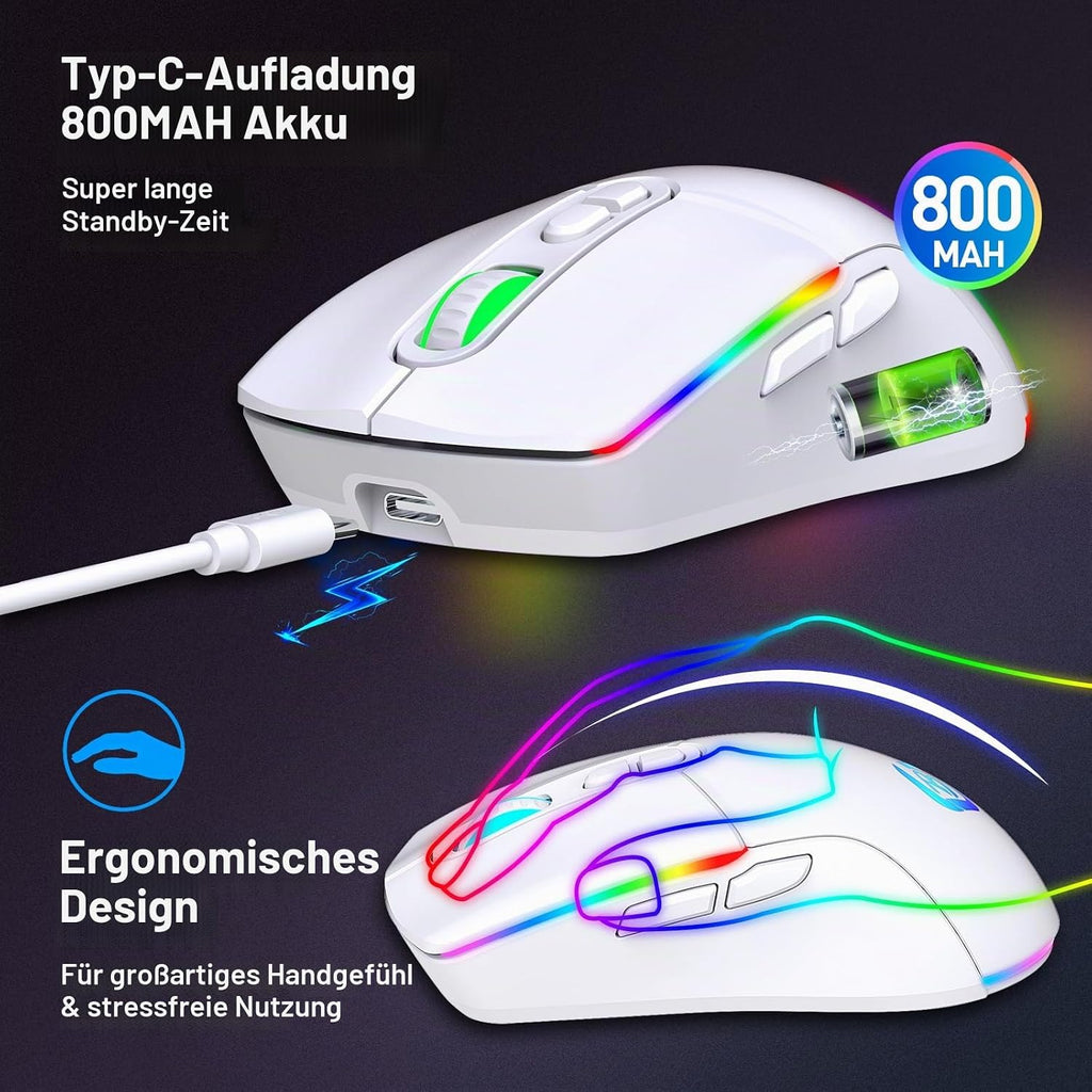 Kabellose Gaming Maus, Dual Mode 2.4Ghz/Bluetooth 5.1 Maus Gaming, RGB LED Hintergrundbeleuchtung, Ergonomische Maus Mit 6 Tasten, Wiederaufladbare Computer Maus Für PC, Mac, Laptop (Weiß)