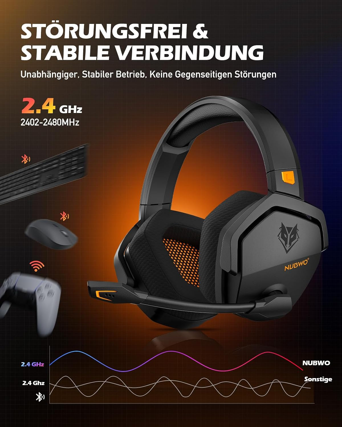 NUBWO G06 Dual Wireless Gaming Headset Mit Mikrofon Für PS5, PS4, PC, Mobile: 2.4 Ghz Wireless + Bluetooth - 100 Stunden - 50Mm -Treiber - Orange
