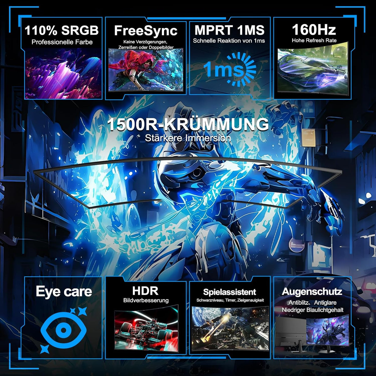Minifire Gaming Curved Monitor 24 Zoll, 160Hz, Curved Gaming Monitor 1500R, 1Ms, Srgb110%, FHD 1080P Computer Screen, VESA Compatible, Eye Care Adaptive Sync HDMI＆DP Ports （MFG24C1L ）
