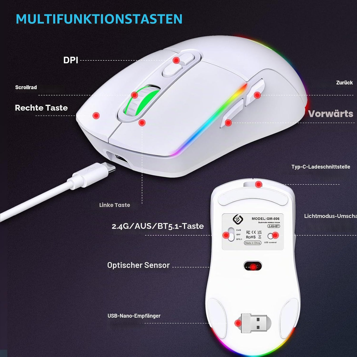 Kabellose Gaming Maus, Dual Mode 2.4Ghz/Bluetooth 5.1 Maus Gaming, RGB LED Hintergrundbeleuchtung, Ergonomische Maus Mit 6 Tasten, Wiederaufladbare Computer Maus Für PC, Mac, Laptop (Weiß)