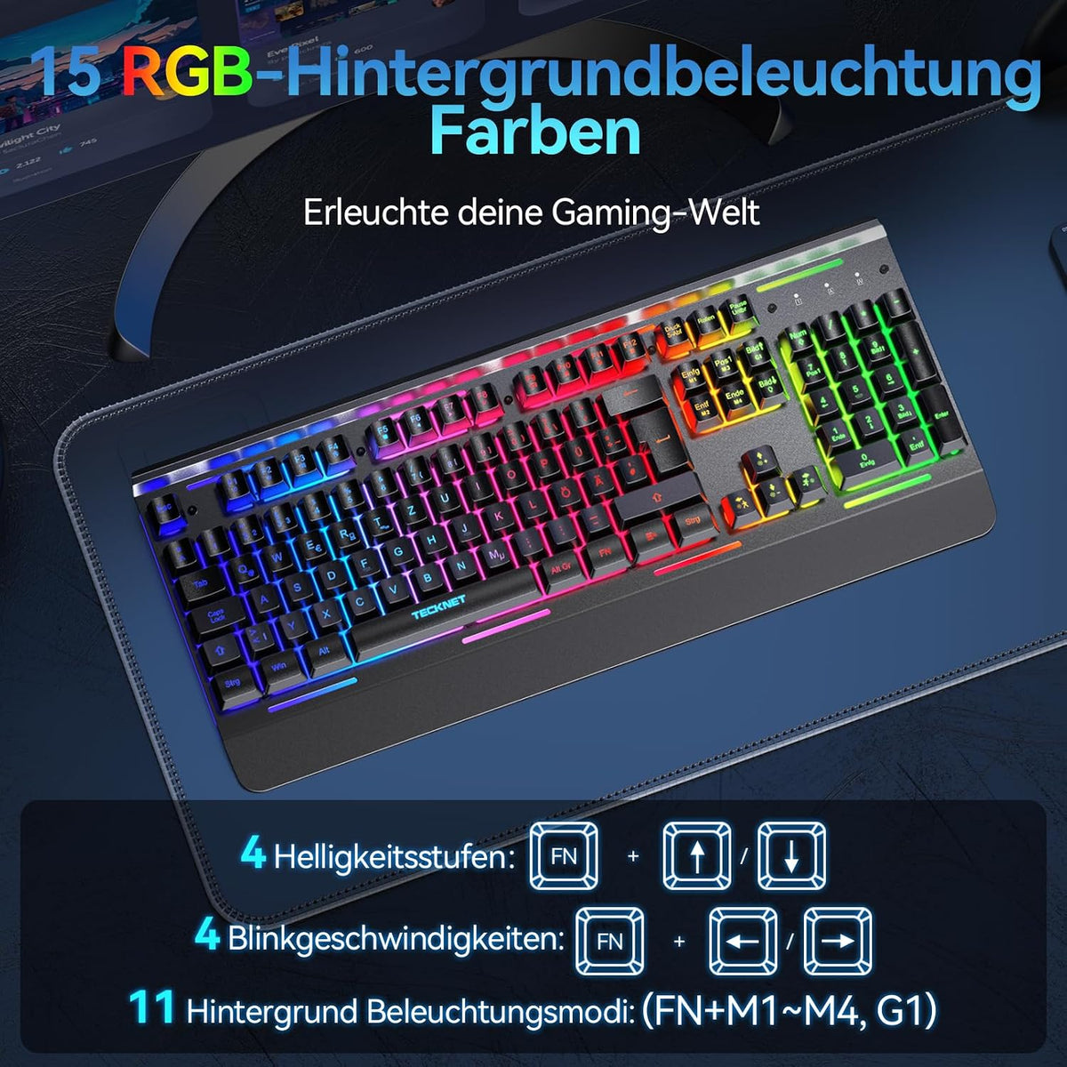 TECKNET Gaming-Tastatur Kabellos, Qwertz-Tastatur, Deutsches Layout