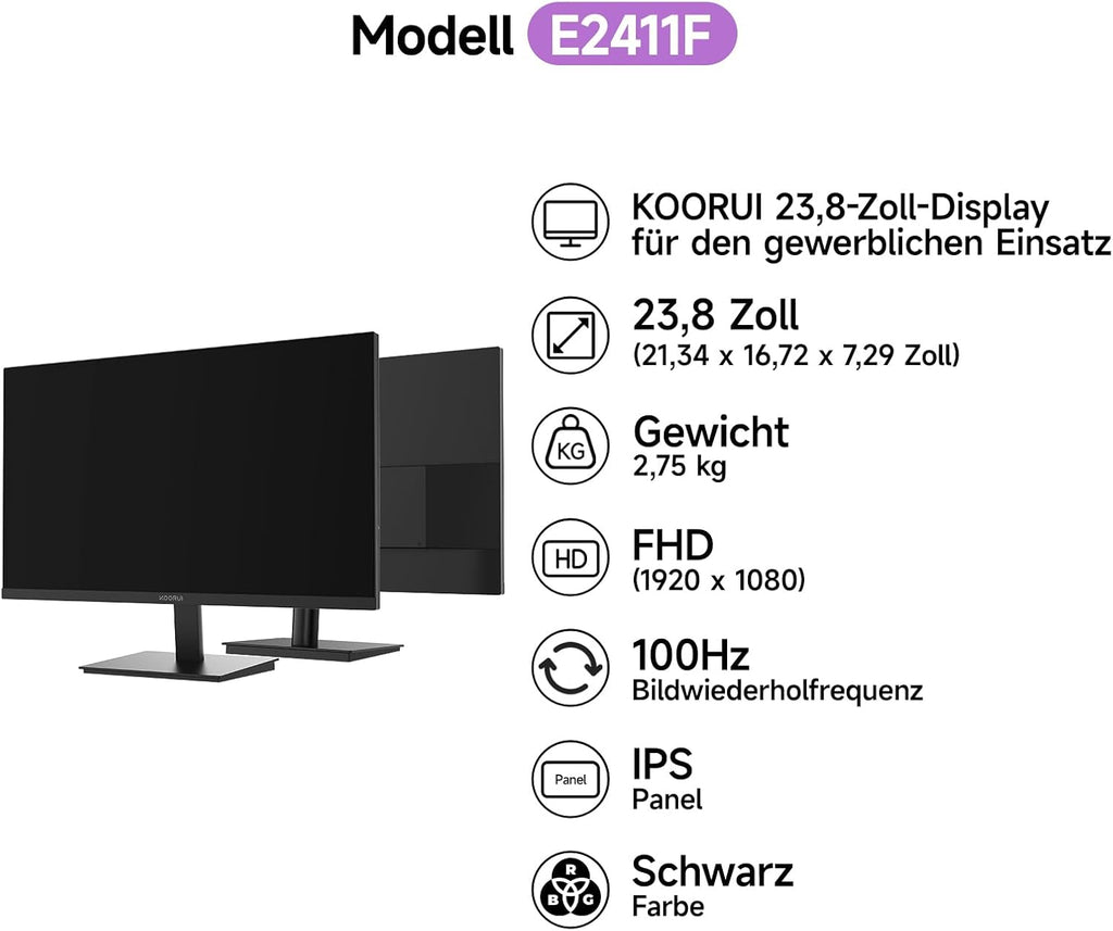 KOORUI E2411F 23.8 Zoll Bildschirm,Full HD Monitor 1920X1080,100Hz PC Monitor,Ips Eye Care,Hdmi&Vga,Vesa 100 X 100 Mm