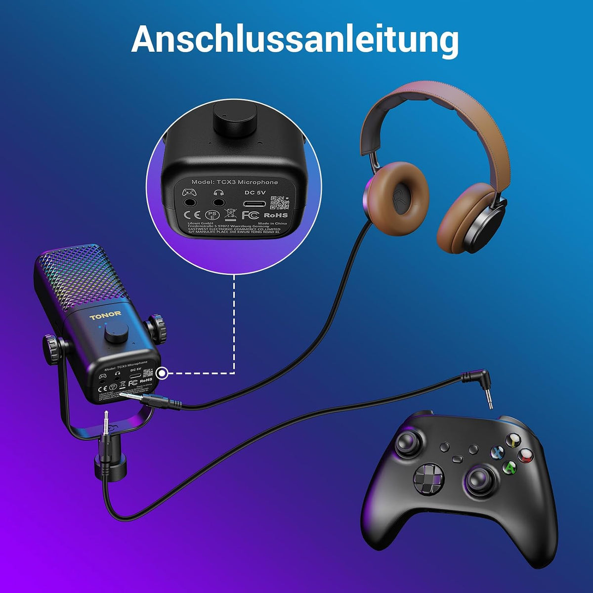 TONOR Gaming Mikrofon Kompatibel Mit Xbox, Kondensator Mikrofon Mit RGB, Mute/Gain Kontrolle/Überwachung, 30 Std. Akkulaufzeit Microphone Für Spielkonsole, 200 Cm Kabel, Mikrofonarm, Weiß, TCX3+