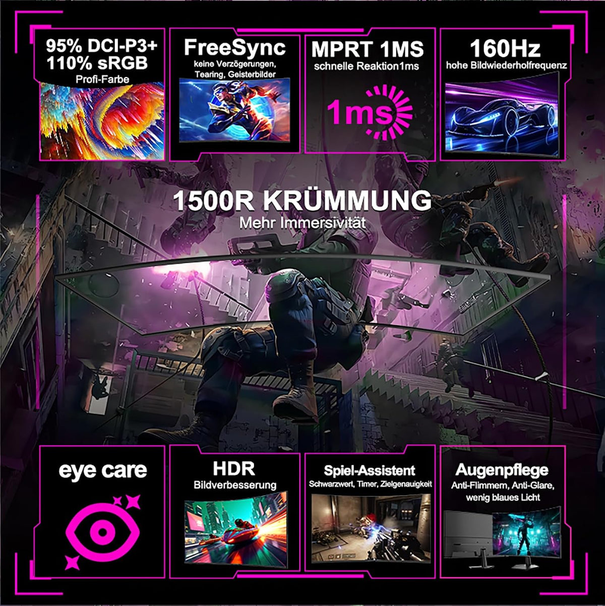 Minifire 27 Zoll Curved Gaming Monitor - 160Hz, Fhd(1920X1080), VA 1500R, 1Ms Gtg, Srgb 110%, HDR, Adapive Sync, Blaulichtfilter, VESA 100 * 100, HDMI 2.0/DP 1.2 Mit Hdmi-Kabel (MFG27C1L)