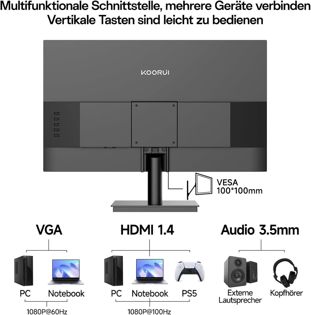 KOORUI E2411F 23.8 Zoll Bildschirm,Full HD Monitor 1920X1080,100Hz PC Monitor,Ips Eye Care,Hdmi&Vga,Vesa 100 X 100 Mm
