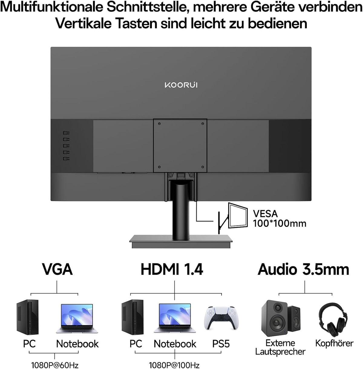 KOORUI E2411F 23.8 Zoll Bildschirm,Full HD Monitor 1920X1080,100Hz PC Monitor,Ips Eye Care,Hdmi&Vga,Vesa 100 X 100 Mm
