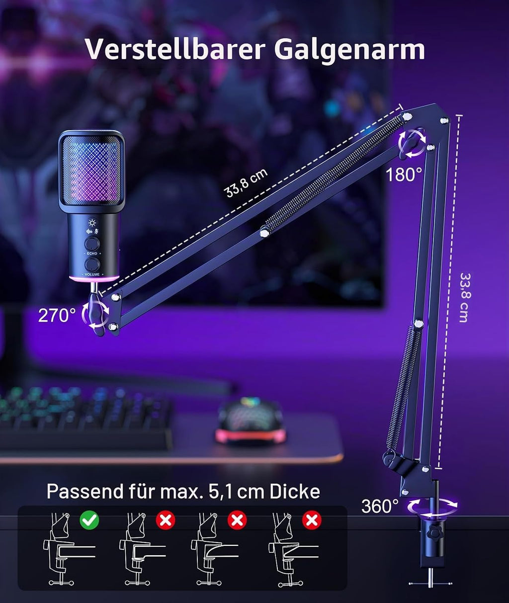 Gaming USB Mikrofon, Kondensatormikrofon Mit Geräuschunterdrückung, Nachhallregelung, Überwachung Für Streaming, Podcasting, Discord, Youtube, PC, Computer, PS4, PS5, Mac