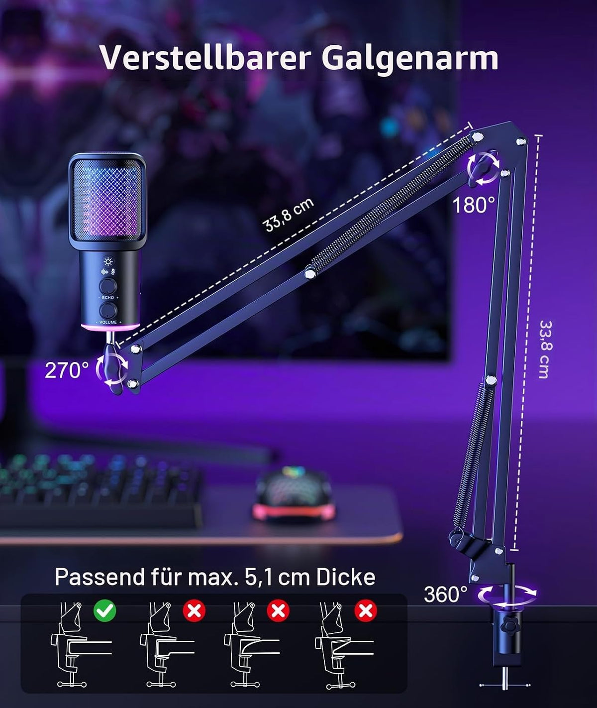Gaming USB Mikrofon, Kondensatormikrofon Mit Geräuschunterdrückung, Nachhallregelung, Überwachung Für Streaming, Podcasting, Discord, Youtube, PC, Computer, PS4, PS5, Mac