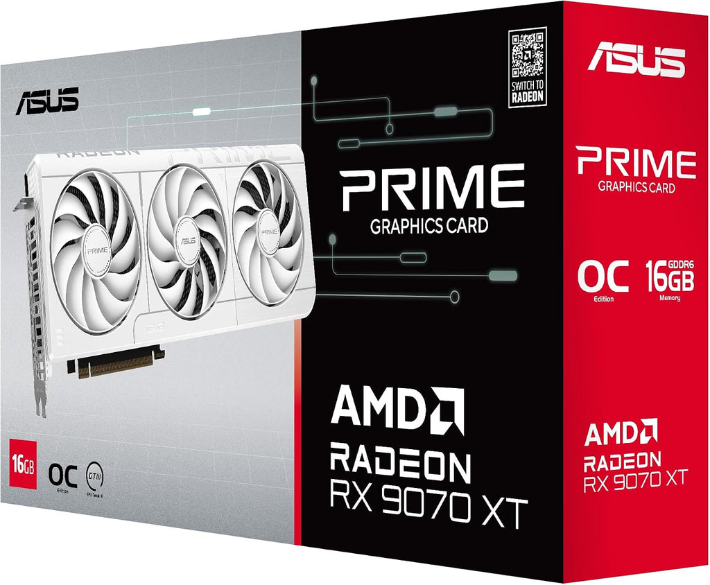 ASUS Prime Radeon RX 9070 XT White OC Edition Grafikkarte (Pcie 5.0, HDMI/DP 2.1, 2.5-Slot Design, Axial-Tech-Lüfter, Dual-Kugellager, Dual BIOS, ASUS GPU Guard)
