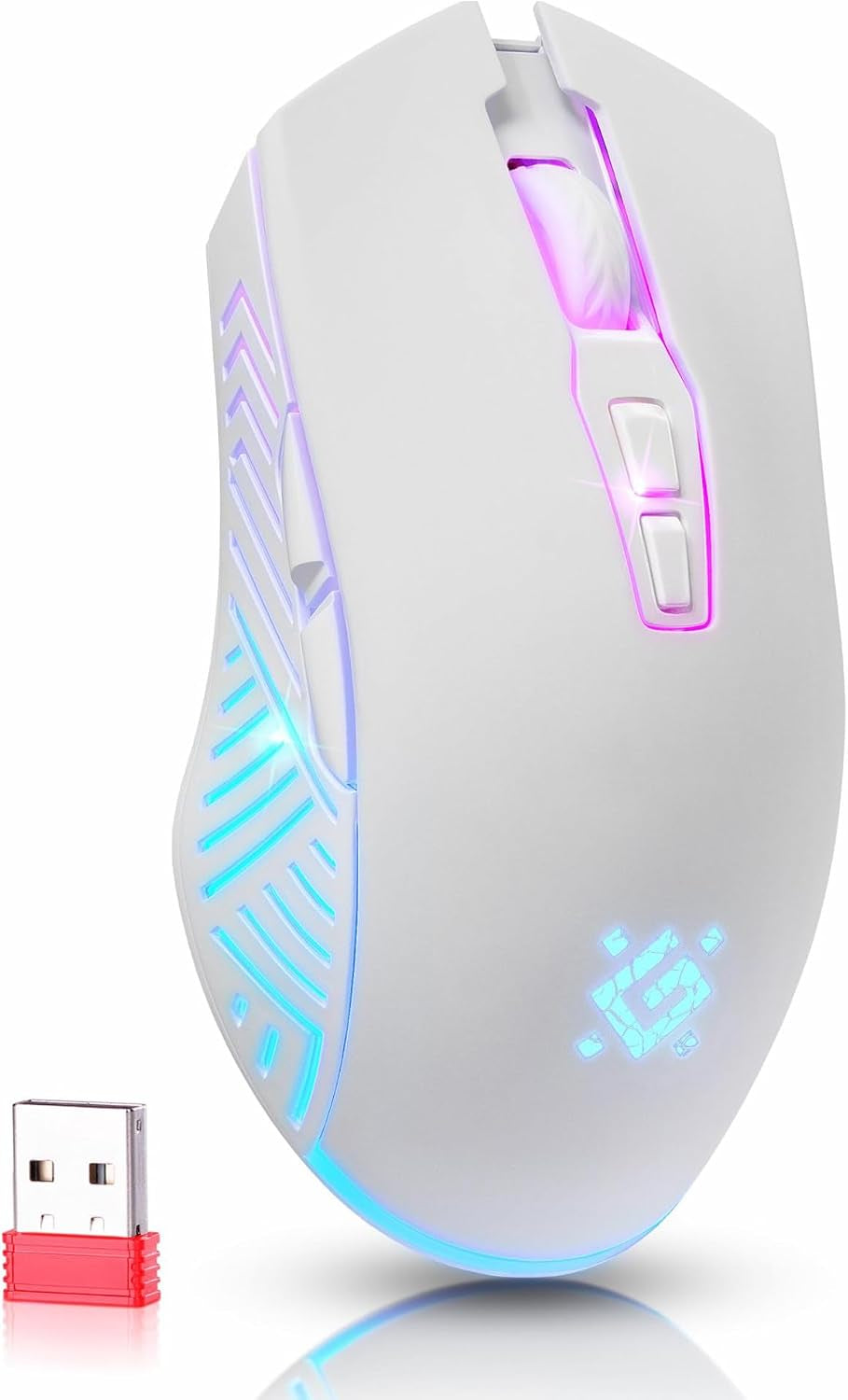 Defender® Pandora Kabellose Gaming Maus - Geräuschlose Klicks - 5 Programmierbare Tasten - Rgb-Beleuchtung(On/Off) - Bis Zu 120 Hrs Akkulaufzeit - Wireless Gamer Maus Für PC, Mac, Laptop, Weiß