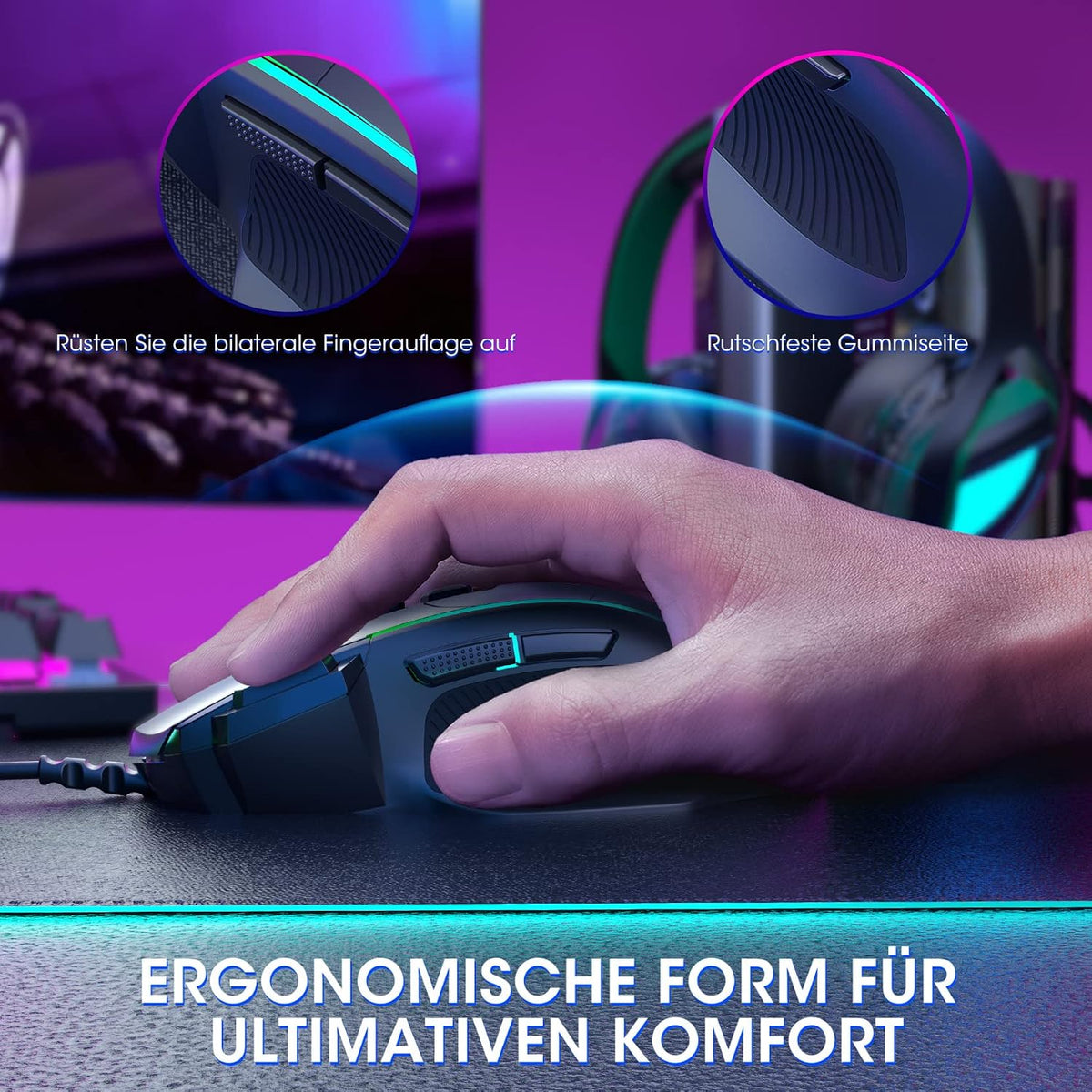 Gaming Maus, Gaming Mouse Mit 8 Programmierbare Tasten Und Einstellbar 8000 DPI, RGB Beleuchtung PC Maus Mit Kabel,Usb-Wired Mouse Mit Feuertaste Ergonomisches Für Mmo,Fps,Moba,Windows,Pc,Mac