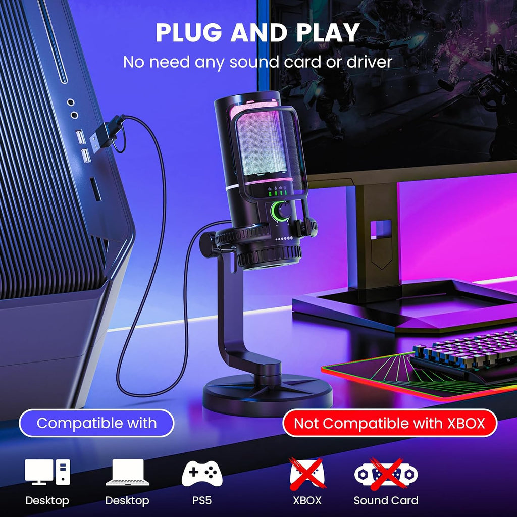 USB Gaming Mikrofon Mit Rauschunterdrückung Und Gain-Steuerung – Mikrofon Für PC, PS4/5, Streaming, Gaming Und Podcasts – Inkl. Pop-Filter, Aufhängung, Schnelle Stummschaltung Und
