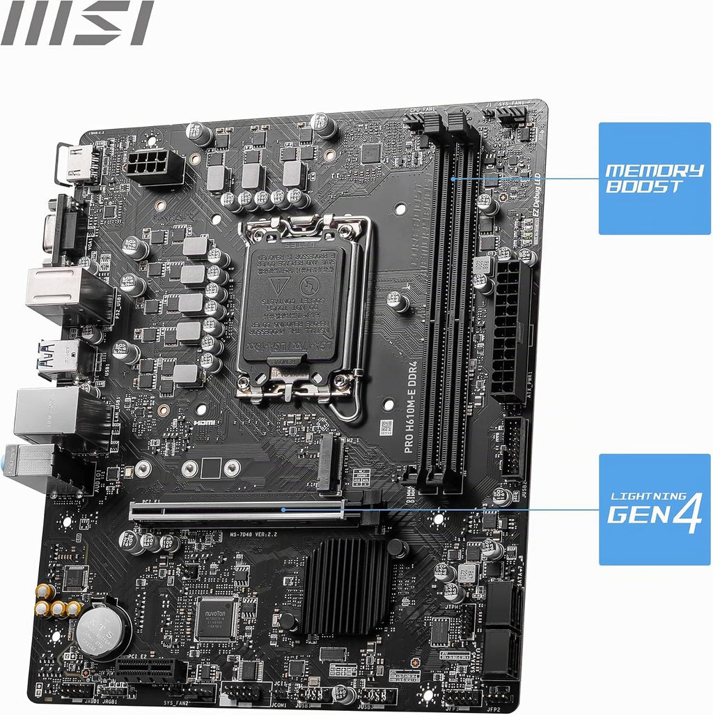 MSI PRO H610M-E DDR4 Motherboard, Micro-Atx - Unterstützt Intel 12Th Gen Core Prozessoren, LGA 1700-2X DIMM (3200Mhz), 1X Pcie 4.0 X16 Slot, 1 X M.2 Gen3, USB 3.2 Gen1, 1G LAN, HDMI 1.4 & VGA