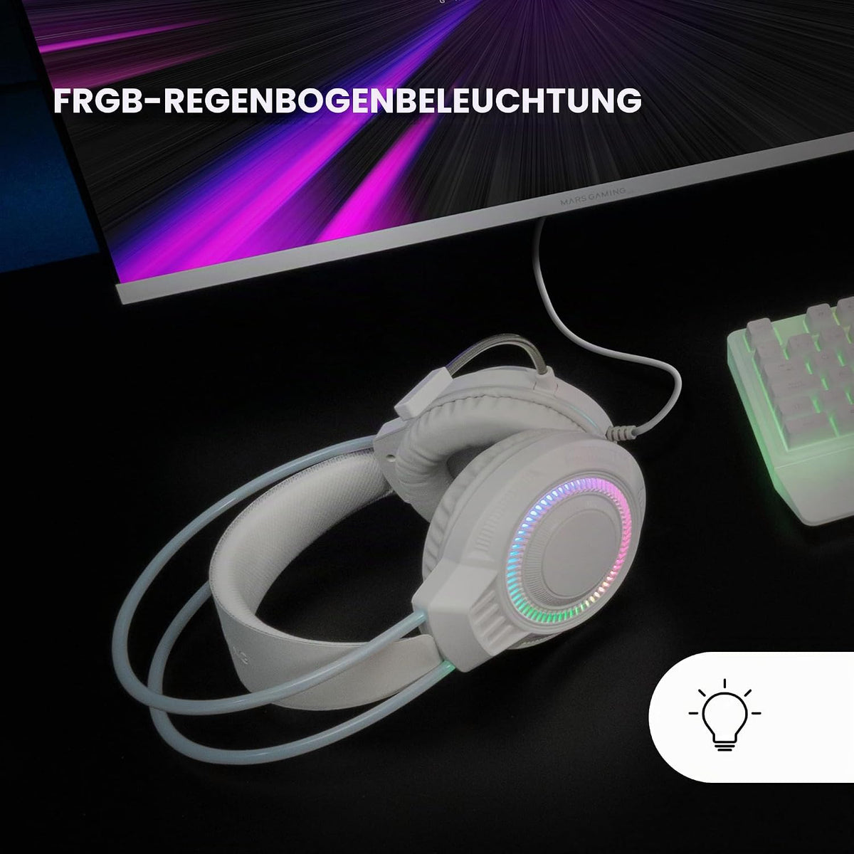 Mars Gaming MH124, Gaming-Kopfhörer FRGB Rainbow, Ergonomisches Design, Flexibles Mikrofon, Lautstärkeregler, Windows, Linux, Mac, PS4, PS5, Xbox One, Xbox Series X|S, Switch, Switch 2, Weiß