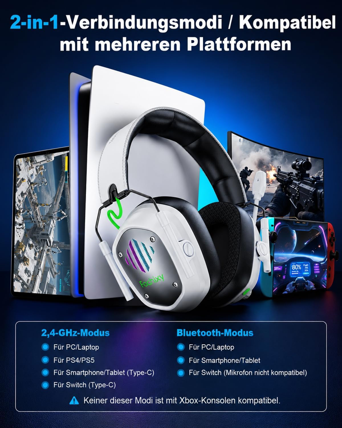 Gaming Headset Wireless Mit Mikrofon Für PS5, PS4, PC, Switch, Mac, Laptop
