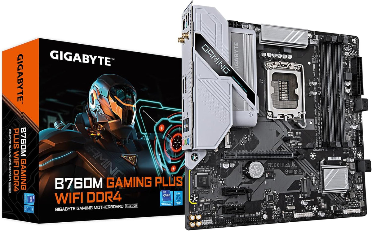 GIGABYTE B760M Gaming plus Wifi DDR4 LGA 1700 Intel B760 M-ATX Motherboard Mit DDR4, 2* M.2, Pcie 4.0, Front USB 3.2 Gen 1 Type-C, Wifi 6 Gbe LAN, Q-Flash Plus, Pcie Ez-Latch