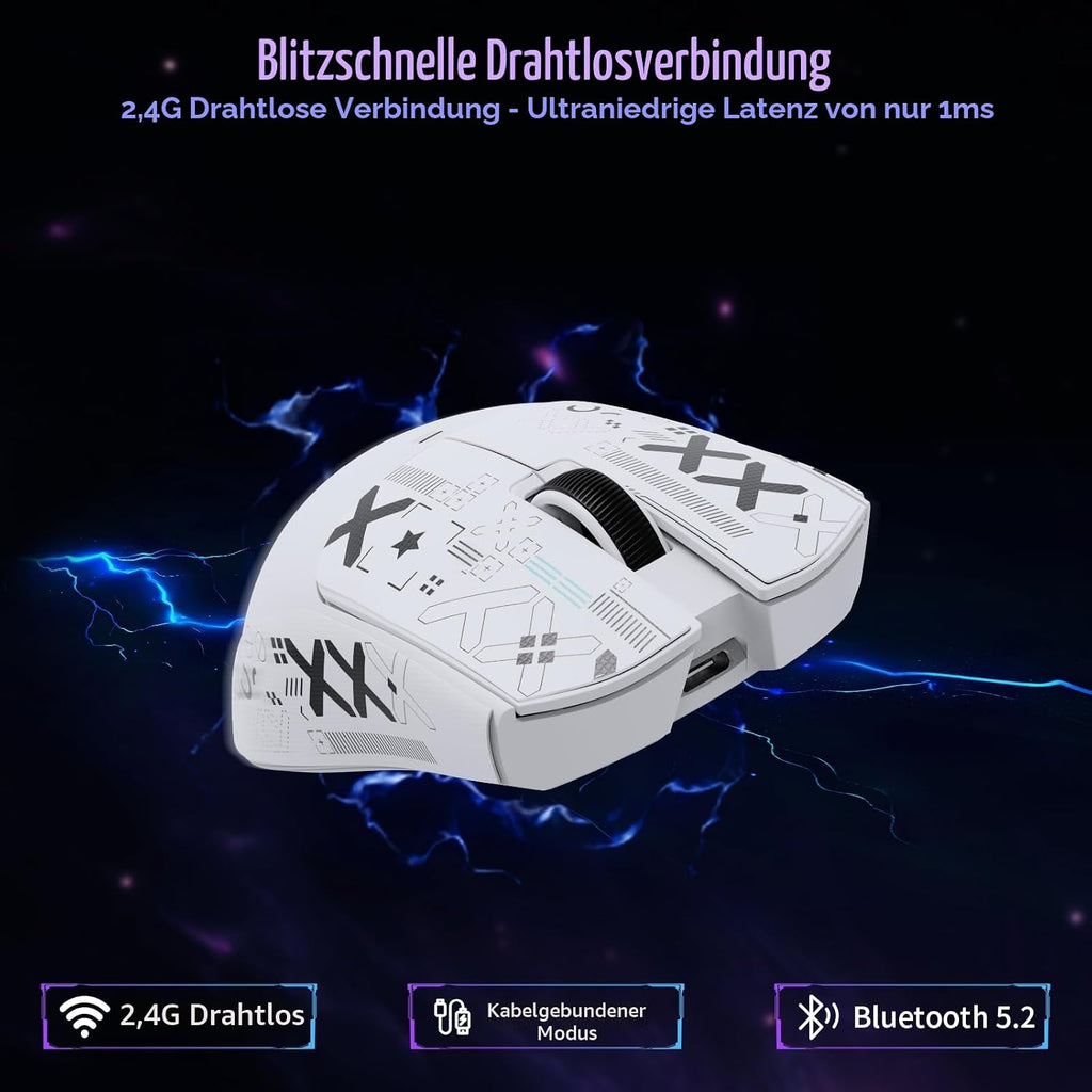 ATTACK SHARK X11SE Kabellose Gaming-Maus, 63G Superleicht, Mit Pixart Paw3311-Sensor, 22000 DPI, Tri-Mode BT/2,4 Ghz/Kabelgebunden, 1000Hz, 300Mah, Dual-Treiber, Für Pc/Xbox/Ps/Mac, Weiß Mit Klebeband