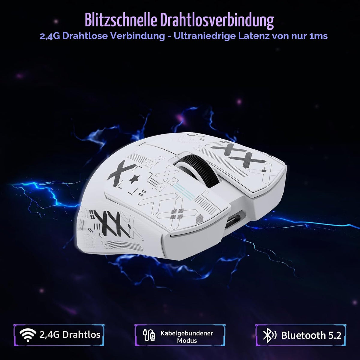 ATTACK SHARK X11SE Kabellose Gaming-Maus, 63G Superleicht, Mit Pixart Paw3311-Sensor, 22000 DPI, Tri-Mode BT/2,4 Ghz/Kabelgebunden, 1000Hz, 300Mah, Dual-Treiber, Für Pc/Xbox/Ps/Mac, Weiß Mit Klebeband