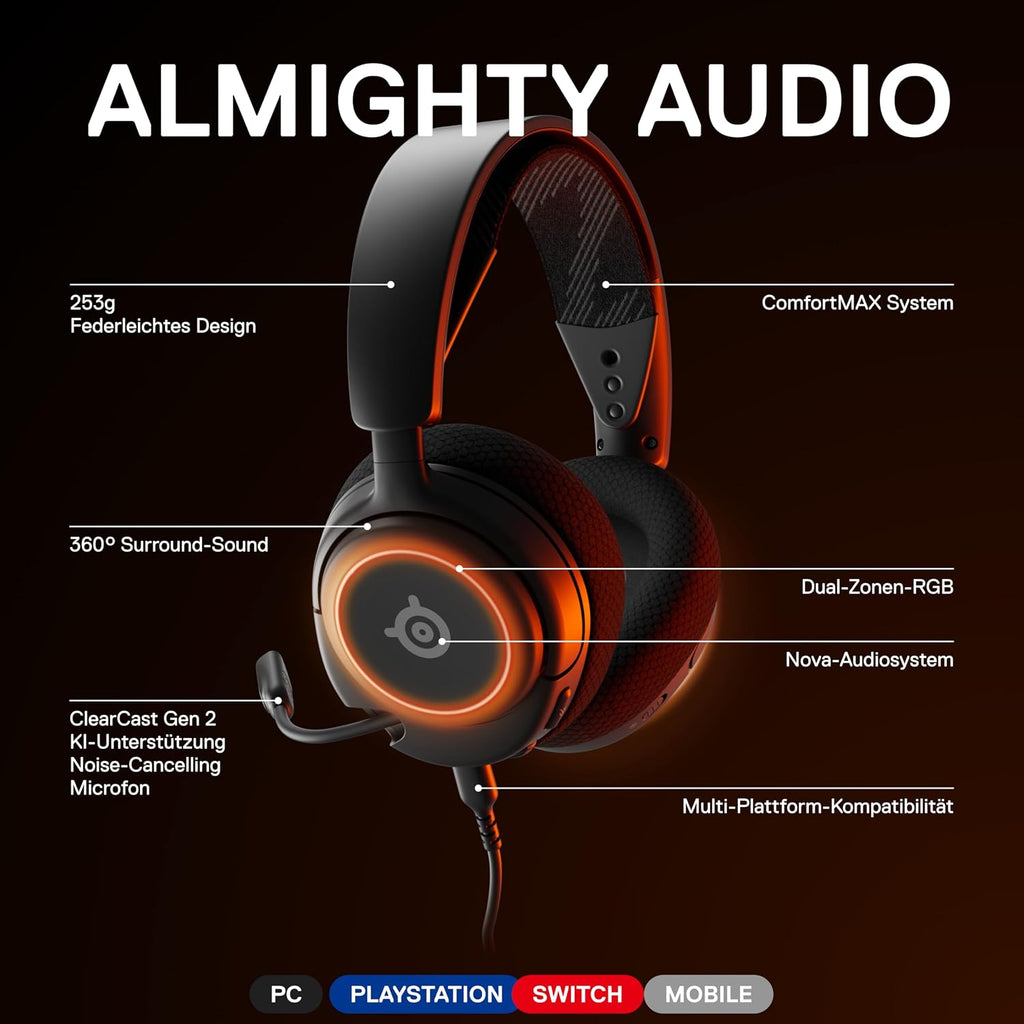 Steelseries Arctis Nova 3 - Multi-System Gaming-Headset – Hi-Fi-Treiber – 360° Surround-Sound –Rgb-Beleuchtung – Memory Foam-Ohrpolster – Ultraleicht – Clearcast Gen 2-Mikrofon – PC, PS5, PS4, Switch