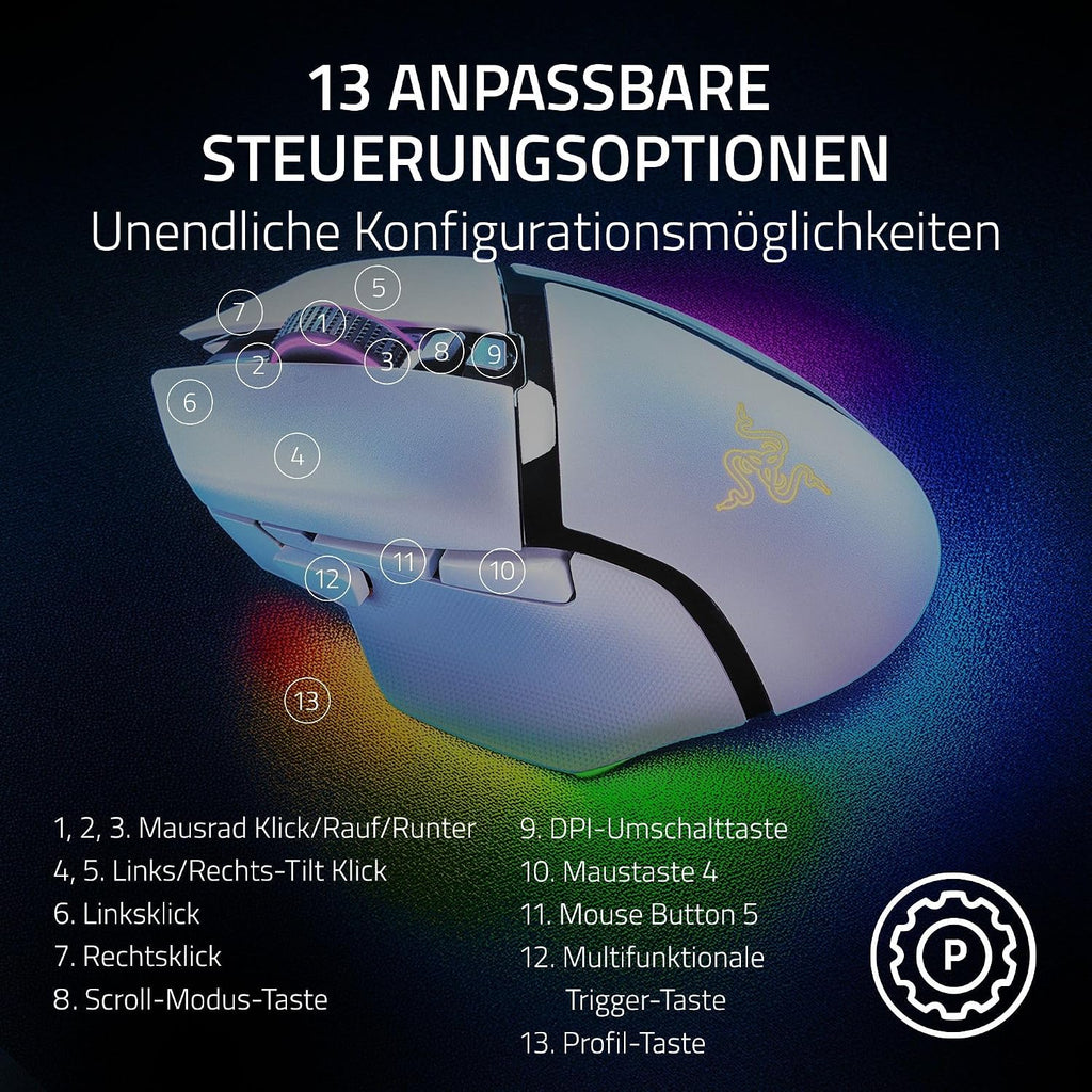 Razer Basilisk V3 Pro - Anpassbare Kabellose Gaming-Maus Hyperscroll Tilt Wheel - Focus Pro 30K Optischer Sensor - 13-Zonen Chroma-Beleuchtung - 10+1 Programmierbare Tasten - Pc/Mac | Weiß
