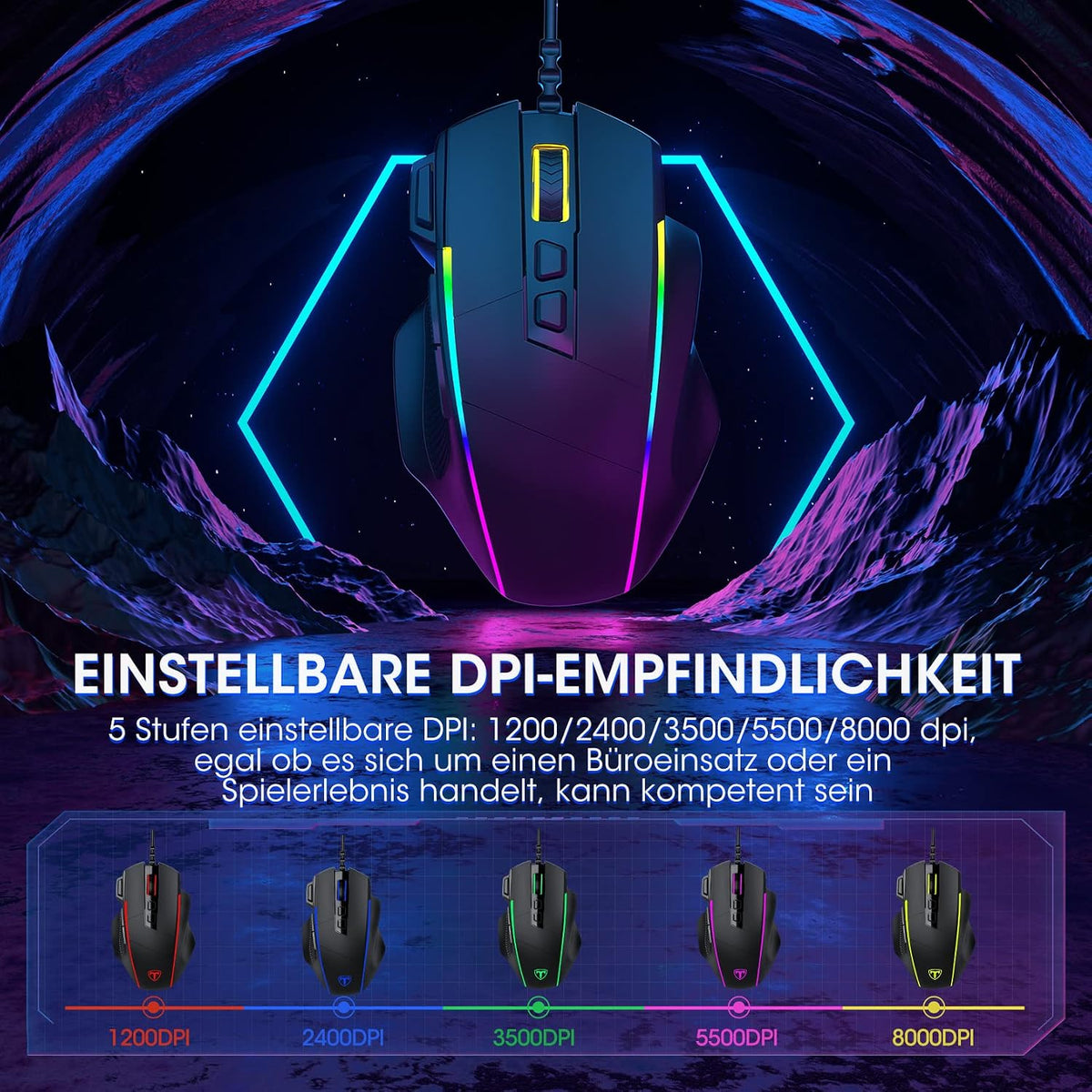 Gaming Maus, Gaming Mouse Mit 8 Programmierbare Tasten Und Einstellbar 8000 DPI, RGB Beleuchtung PC Maus Mit Kabel,Usb-Wired Mouse Mit Feuertaste Ergonomisches Für Mmo,Fps,Moba,Windows,Pc,Mac