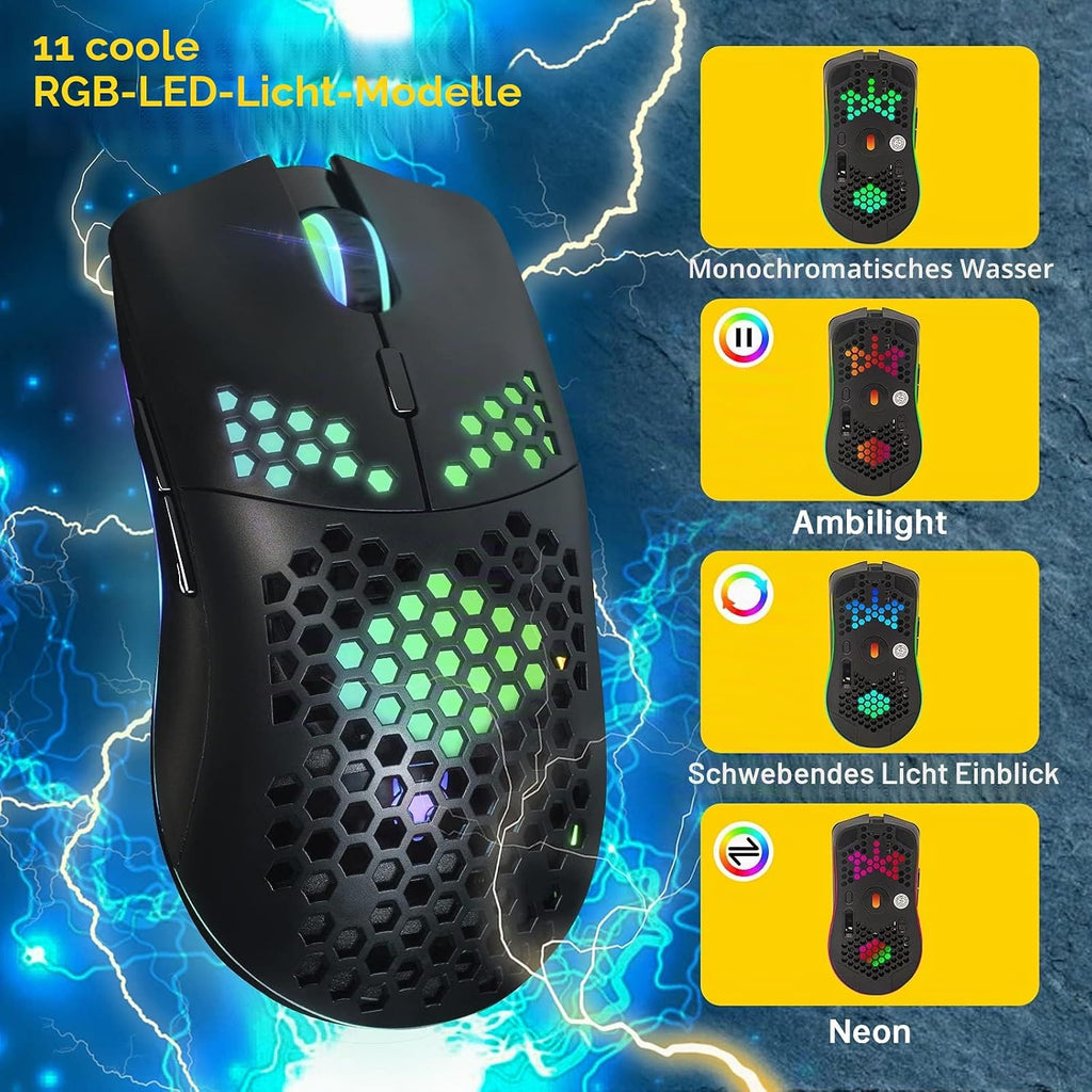 Kabellose Gaming-Maus Mit Wabenhülle, 11 Rgb-Chroma-Hintergrundbeleuchtung, 3400 DPI, 6 Programmierte Tasten, Usb-Empfänger, Energiesparend, Kabellose Maus Für Pc/Mac/Computer