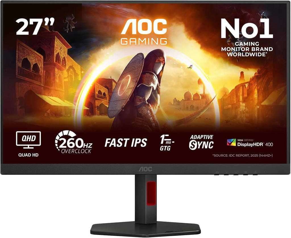 AOC Q27G4ZR 27 Zoll WQHD Gaming Monitor, 260Hz, Fast IPS Panel, 1Ms Gtg, HDR400, G-Sync Compatible, Höhenverstellung,Lautsprecher,(2560X1440 HDMI 2X 2.0 DP 1X 1.4) Schwarz