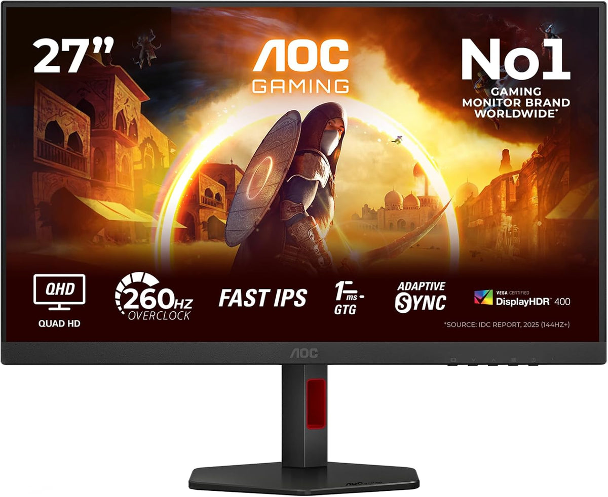 AOC Q27G4ZR 27 Zoll WQHD Gaming Monitor, 260Hz, Fast IPS Panel, 1Ms Gtg, HDR400, G-Sync Compatible, Höhenverstellung,Lautsprecher,(2560X1440 HDMI 2X 2.0 DP 1X 1.4) Schwarz