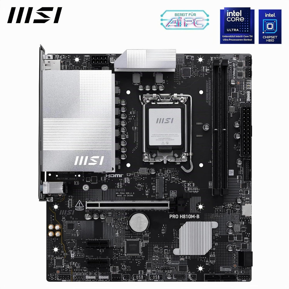 MSI PRO H810M-B Mainboard, Matx - Unterstützt Intel Core Ultra Prozessoren (Series 2), LGA 1851 - DDR5 Memory Boost (6400 Mt/S MAX), Pcie 5.0 X16, M.2 Gen4, 2.5G LAN