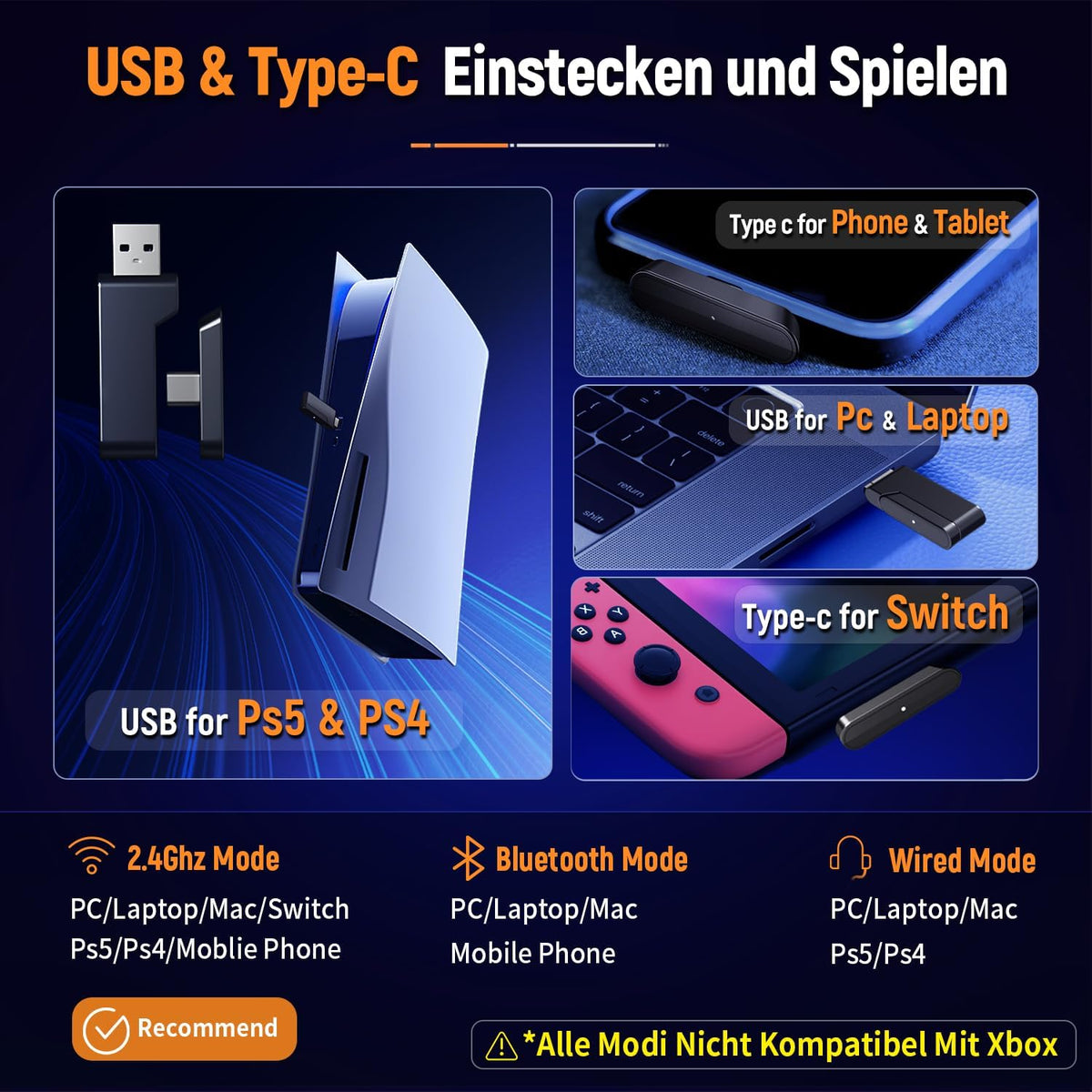Ozeino Wireless Gaming Headset for PS5, PC, Switch | 2.4Ghz + BT- 40H Akku