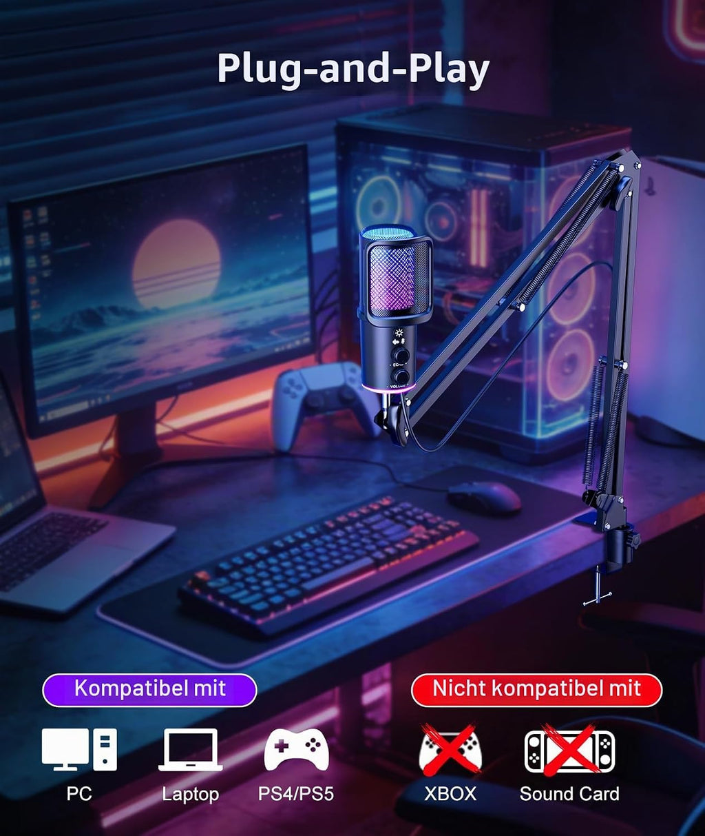 Gaming USB Mikrofon, Kondensatormikrofon Mit Geräuschunterdrückung, Nachhallregelung, Überwachung Für Streaming, Podcasting, Discord, Youtube, PC, Computer, PS4, PS5, Mac