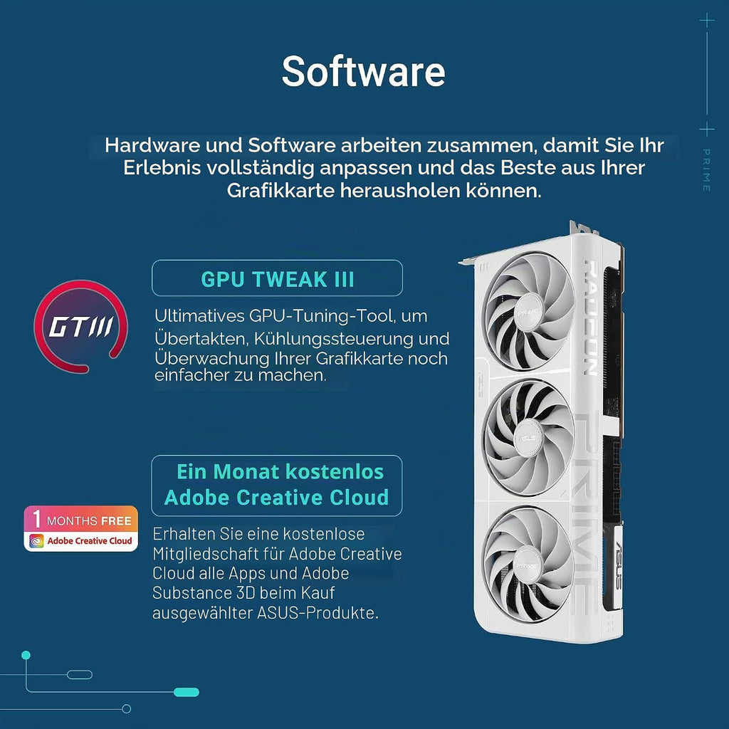 ASUS Prime Radeon RX 9070 XT White OC Edition Grafikkarte (Pcie 5.0, HDMI/DP 2.1, 2.5-Slot Design, Axial-Tech-Lüfter, Dual-Kugellager, Dual BIOS, ASUS GPU Guard)