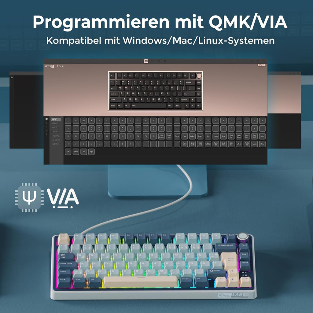 RK ROYAL KLUDGE R75 Mechanische Tastatur Kabellos 75% Blau Creamy Switches