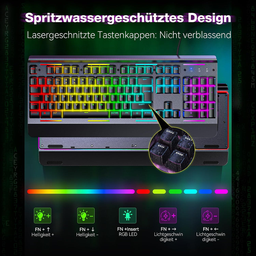 TECKNET Gaming Tastatur 105 Tasten Membrantastatur Mit Vollmetall-Gehäuse