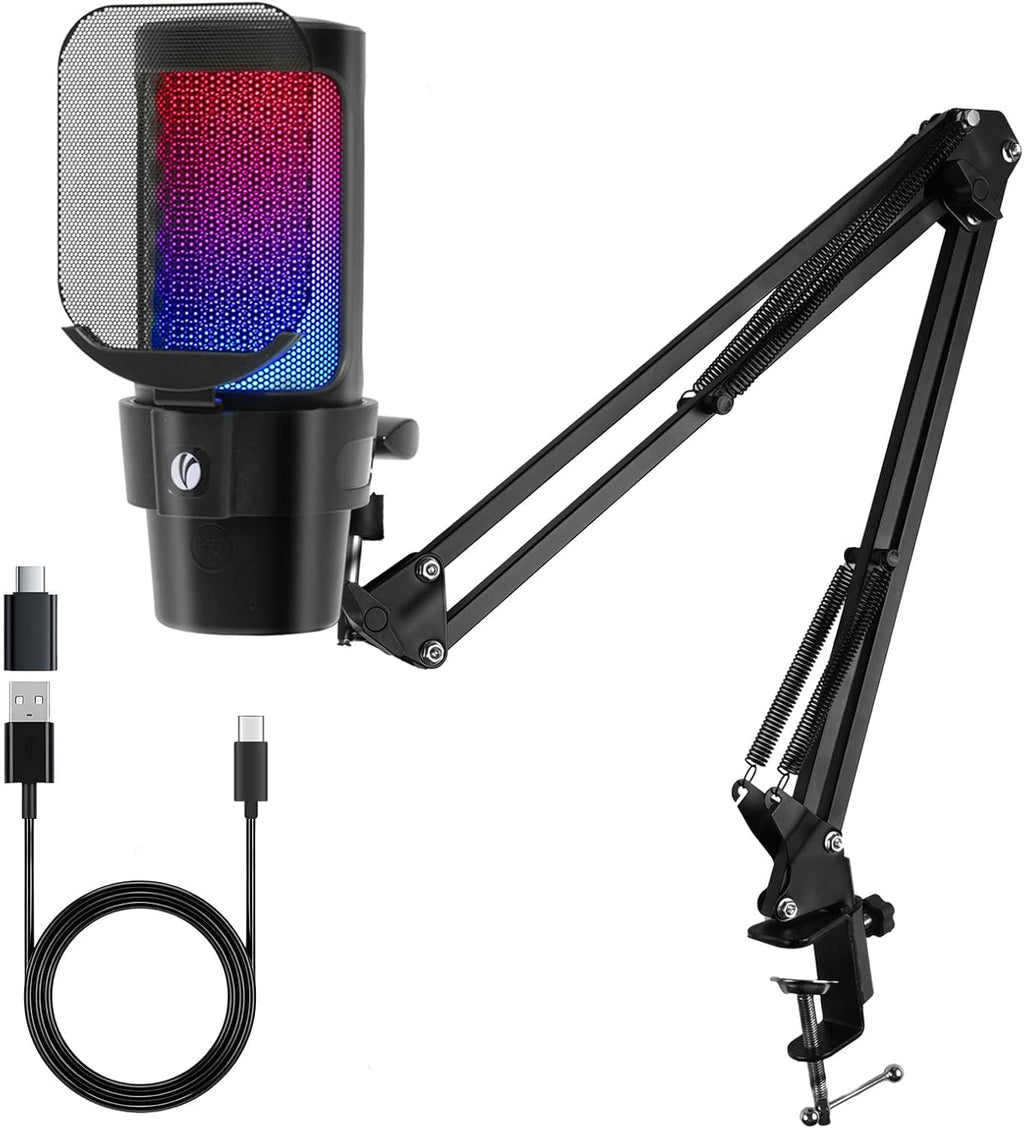 VCOM Gaming Mikrofon Mit Arm, USB Microphone Kit Mit RGB Modi, Mute