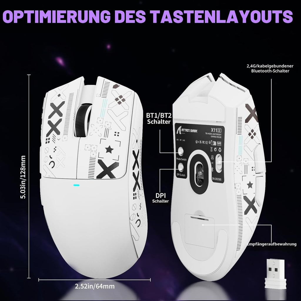 ATTACK SHARK X11SE Kabellose Gaming-Maus, 63G Superleicht, Mit Pixart Paw3311-Sensor, 22000 DPI, Tri-Mode BT/2,4 Ghz/Kabelgebunden, 1000Hz, 300Mah, Dual-Treiber, Für Pc/Xbox/Ps/Mac, Weiß Mit Klebeband