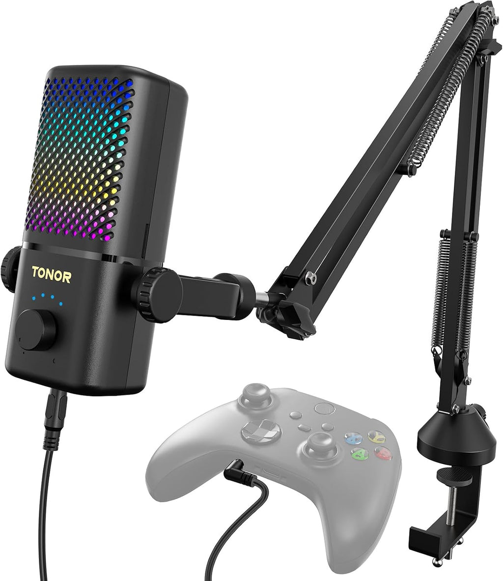 TONOR Gaming Mikrofon Kompatibel Mit Xbox, Kondensator Mikrofon Mit RGB, Mute/Gain Kontrolle/Überwachung, 30 Std. Akkulaufzeit Microphone Für Spielkonsole, 200 Cm Kabel, Mikrofonarm, Weiß, TCX3+